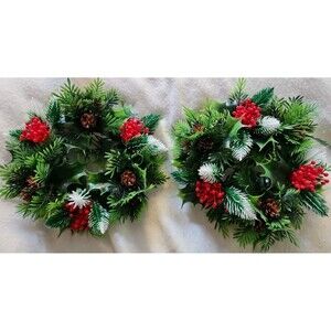 2 Vtg Christmas Mistletoe Holly  Berry Candle Ring Centerpiece Wreath Table Tops